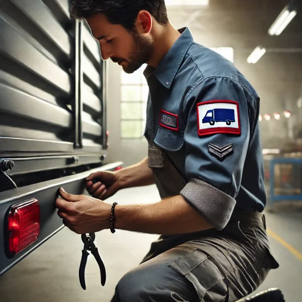 Un homme en chemise bleue répare un camion, en se concentrant sur le pare-choc.