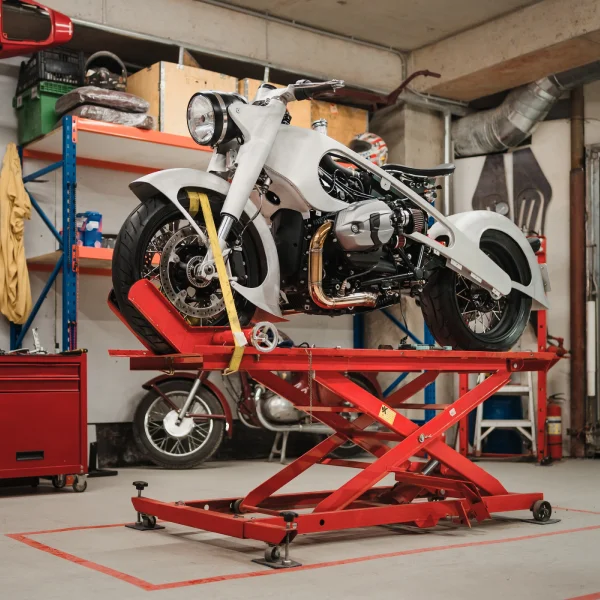 Une moto est posée sur un élévateur dans un garage, prête pour des réparations ou un entretien.