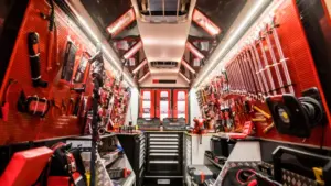 Camión rojo y negro con herramientas visibles en las paredes, que ilustra un espacio de trabajo bien equipado.